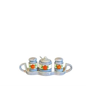 Vintage periwinkle floral lusterware condiment set with salt and pepper shakers